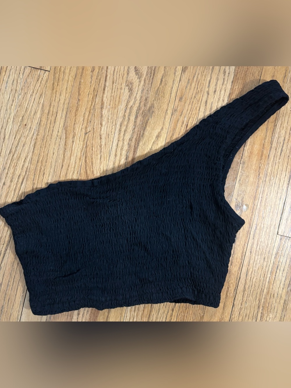 WHO I AM One-Shoulder Black Smocked Crop Top